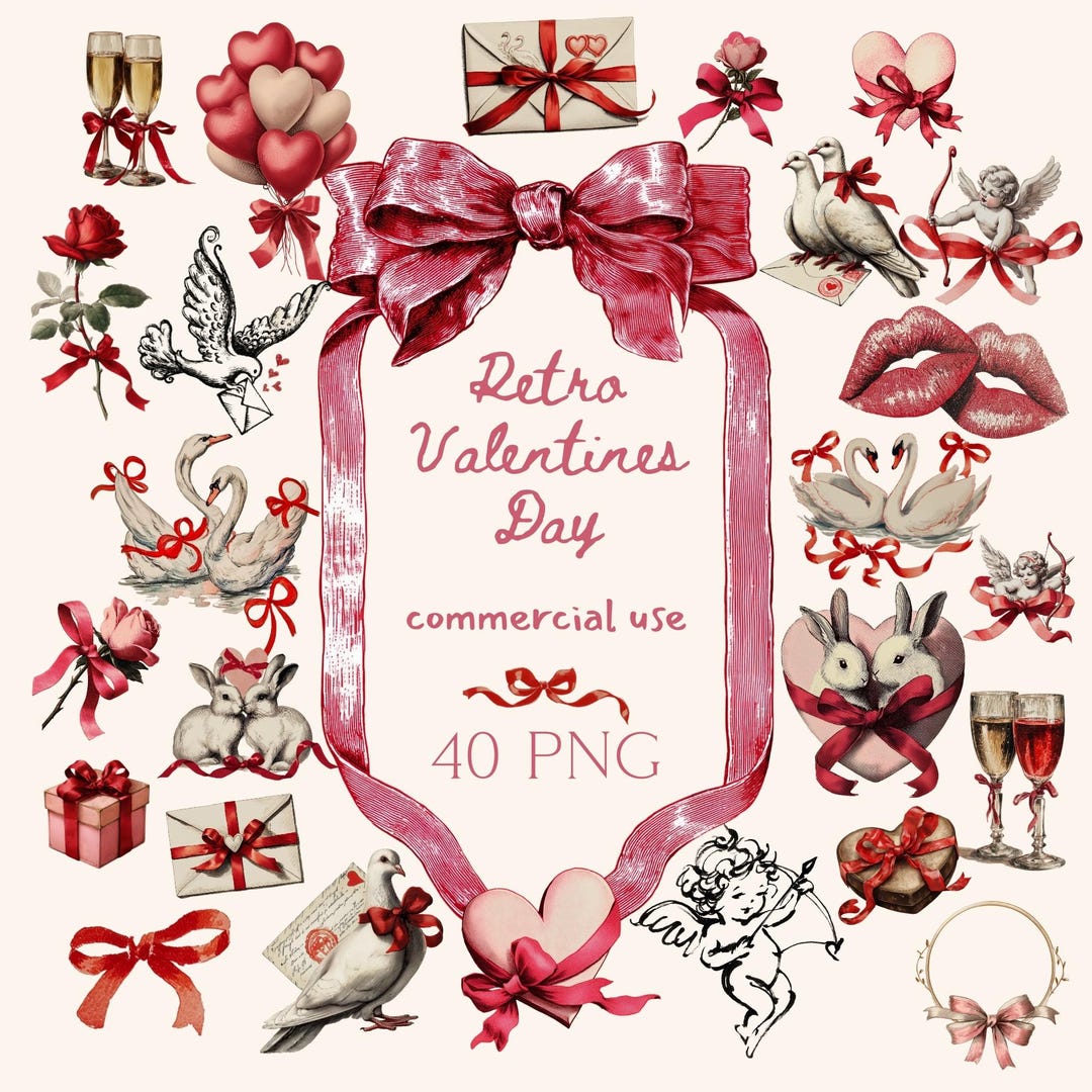 Vintage Valentines Day Clipart PNG Bundle Commercial Use Digital ...