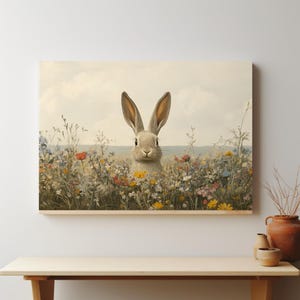 K&ouml;nnte beinhalten: Ein braunes Kaninchen mit langen Ohren sitzt in einem Feld voller bunter Wildblumen. Das Kaninchen schaut den Betrachter mit einem neugierigen Ausdruck direkt an.