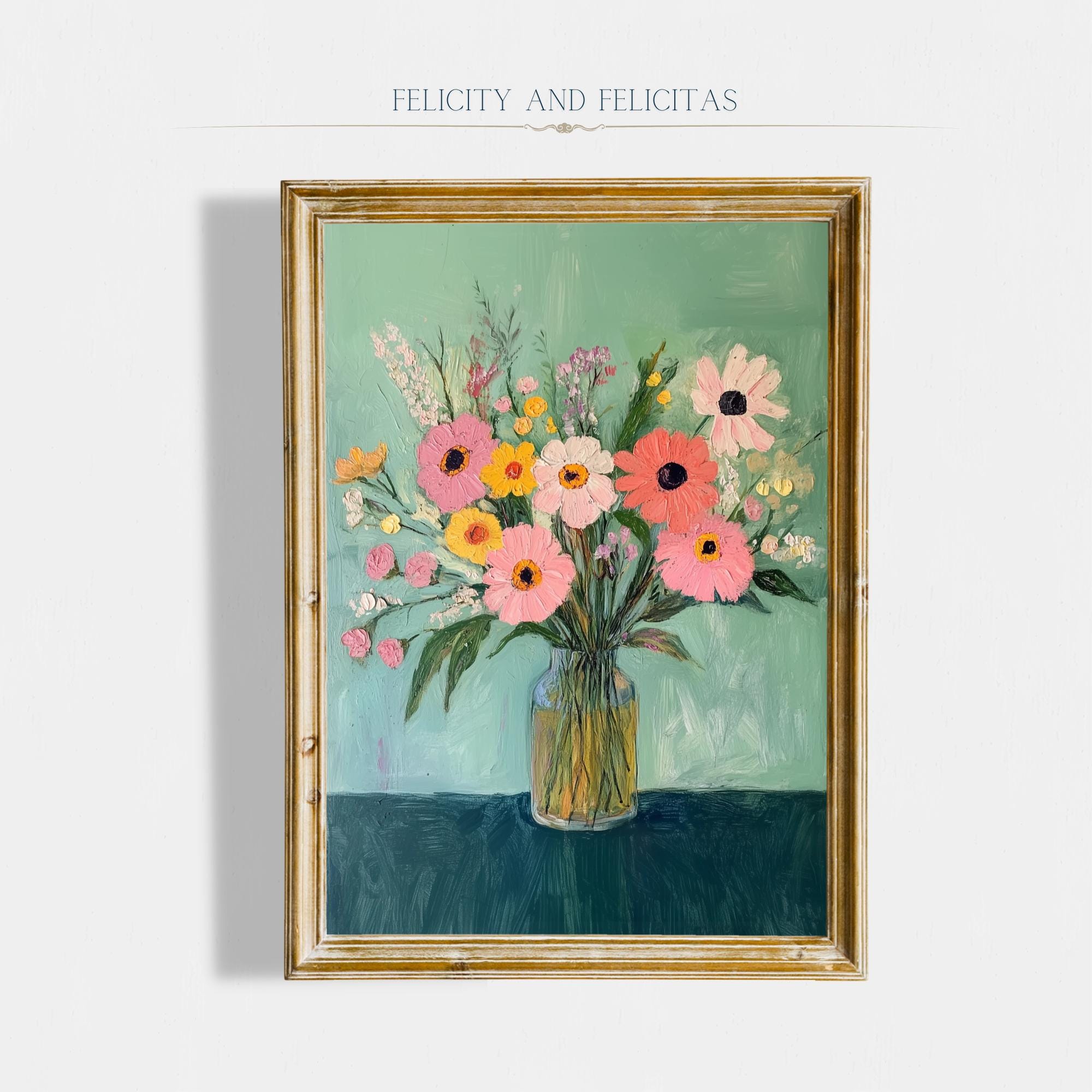 Vintage Floral Printable Wall Art Whimsical Flower Painting Green Floral Home Decor Vintage Spring Flower Painting Digital Download