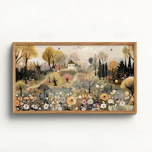 May include: A framed landscape art print featuring a whimsical garden scene. The artwork depicts a small white house nestled among trees and flowers in shades of yellow, pink, and green. The wooden frame adds a natural touch to the artwork.