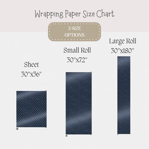 May include: A wrapping paper size chart with three size options: sheet (30"x36"), small roll (30"x72"), and large roll (30"x180"). The chart includes illustrations of each size, all featuring a navy blue pattern with white dots, against a light background.