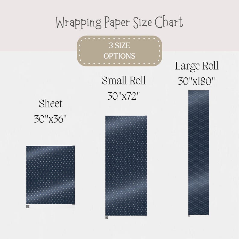 May include: A wrapping paper size chart with three size options: sheet (30"x36"), small roll (30"x72"), and large roll (30"x180"). The chart includes illustrations of each size, all featuring a navy blue pattern with white dots, against a light background.