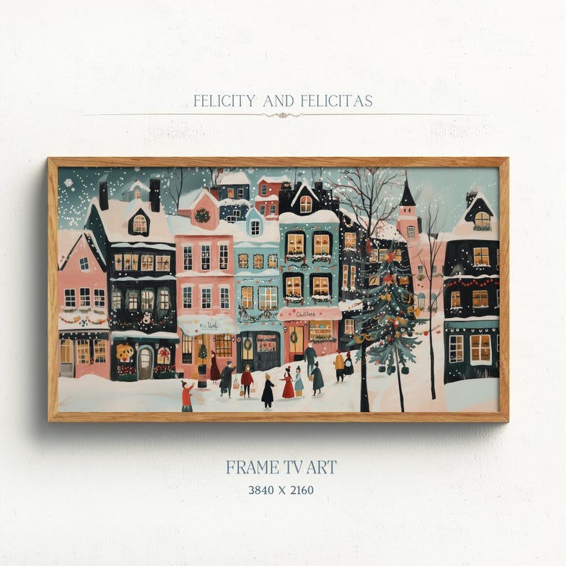 Retro Christmas Samsung Frame TV Screensaver featuring a whimsical winter village TV painting for holiday decor.