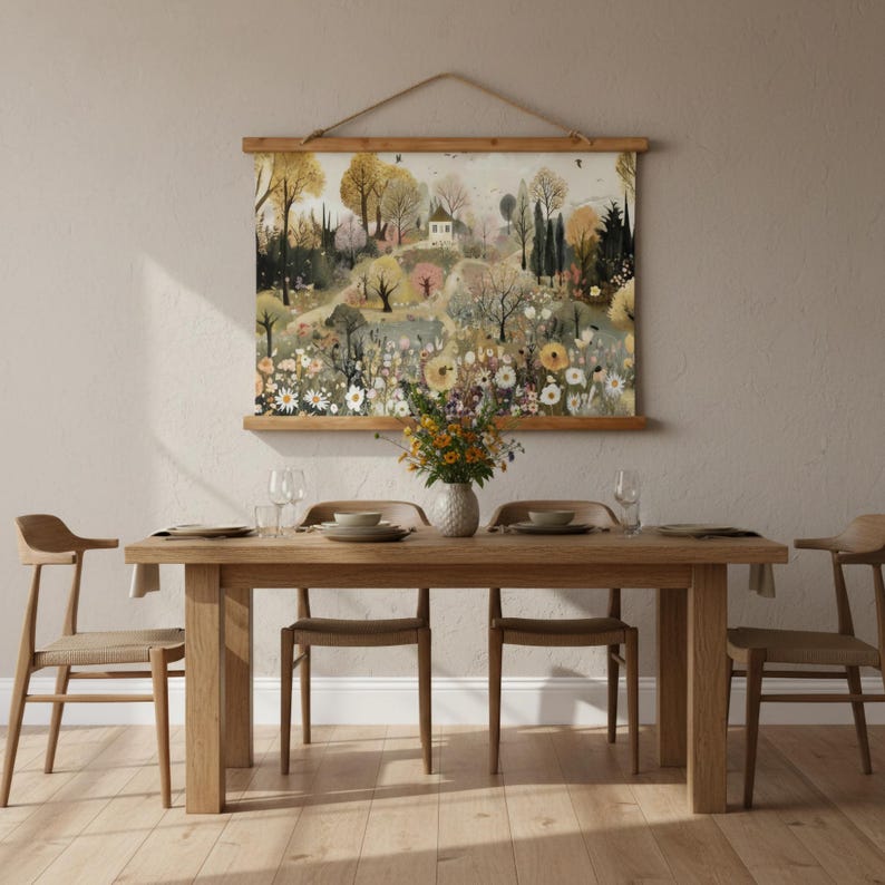May include: A dining room scene featuring a wooden table and chairs, set for a meal. A watercolor landscape painting hangs above the table. A vase of flowers sits on the table, adding a touch of color to the neutral tones of the room.