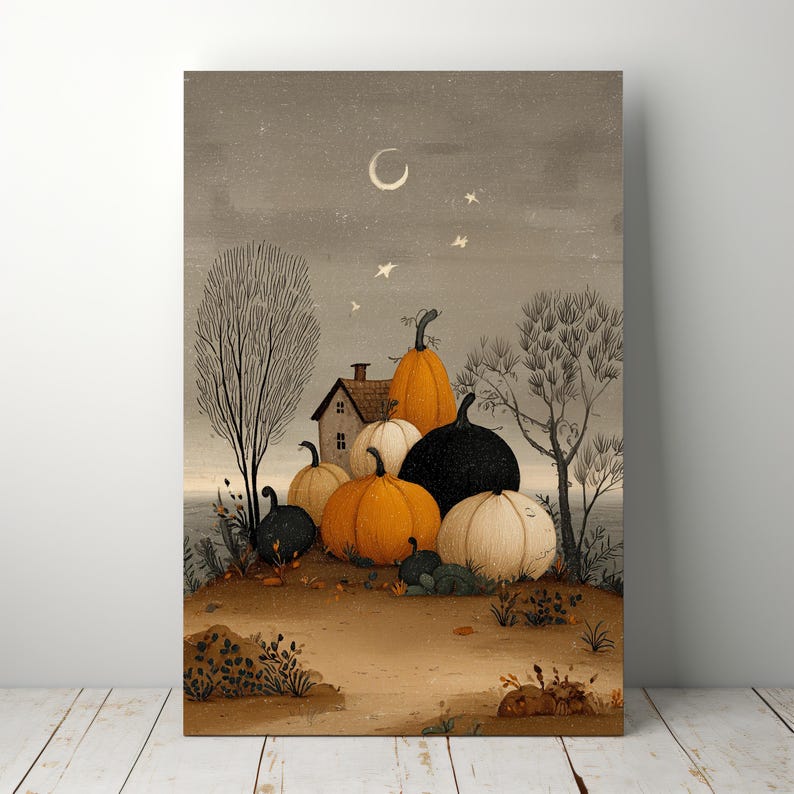 May include: A canvas print depicting a harvest scene with pumpkins. The artwork shows a collection of orange, white, and black pumpkins in front of a small house, under a night sky with a crescent moon and stars. Bare trees frame the scene.