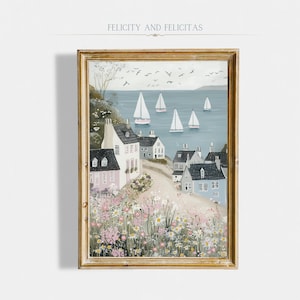 Arte de pared imprimible con diseño de pueblo yate, pintura costera en tonos pastel, decoración de granja playera neutra, decoración rosa veraniega para el hogar, descarga digital