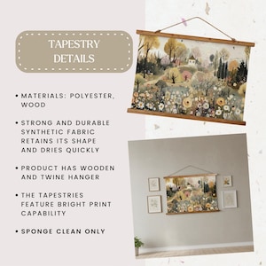 May include: A tapestry with a pastoral landscape scene, featuring a wooden hanger and twine. The tapestry displays a colorful illustration of a field with flowers, trees, and a small house. The text "TAPESTRY DETAILS" is visible.