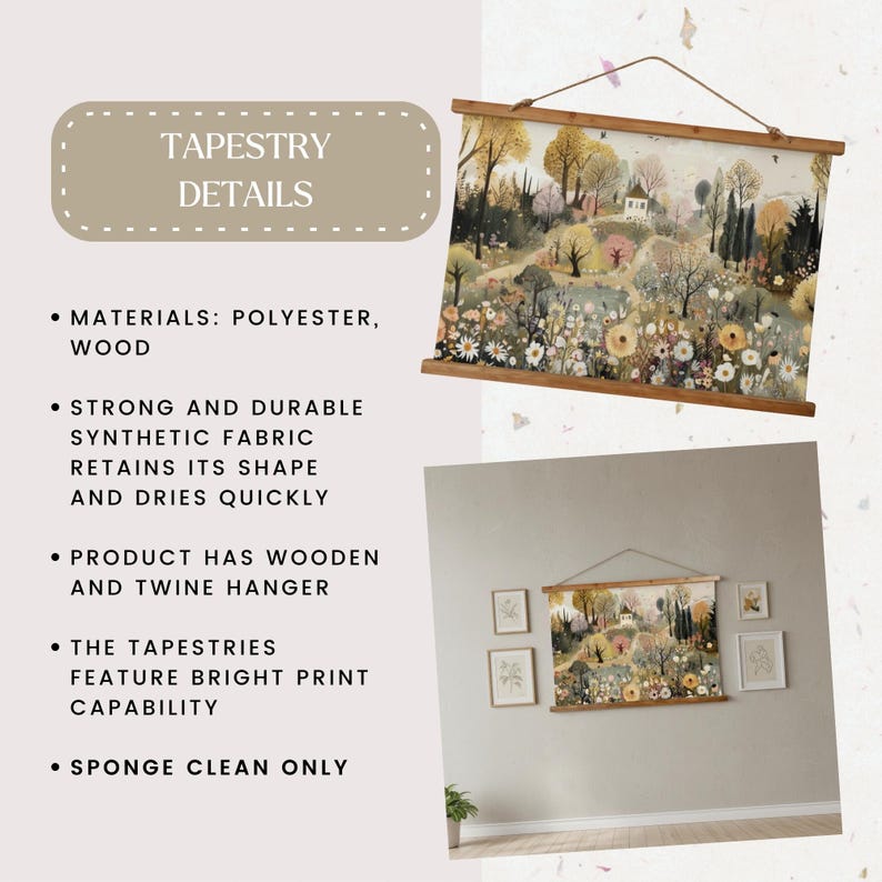 May include: A tapestry with a pastoral landscape scene, featuring a wooden hanger and twine. The tapestry displays a colorful illustration of a field with flowers, trees, and a small house. The text "TAPESTRY DETAILS" is visible.