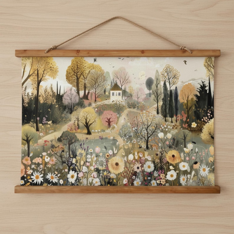 May include: A landscape art print featuring a serene countryside scene with a small white house, trees, and a variety of flowers. The print is displayed on a wooden frame and suspended by a natural rope.