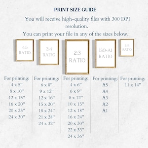 May include: Print size guide showing aspect ratios and print dimensions. Includes sizes such as 4x5 inches, 8x10 inches, and 11x14 inches, plus A-series sizes. The text indicates high-quality files with 300 DPI resolution for printing.