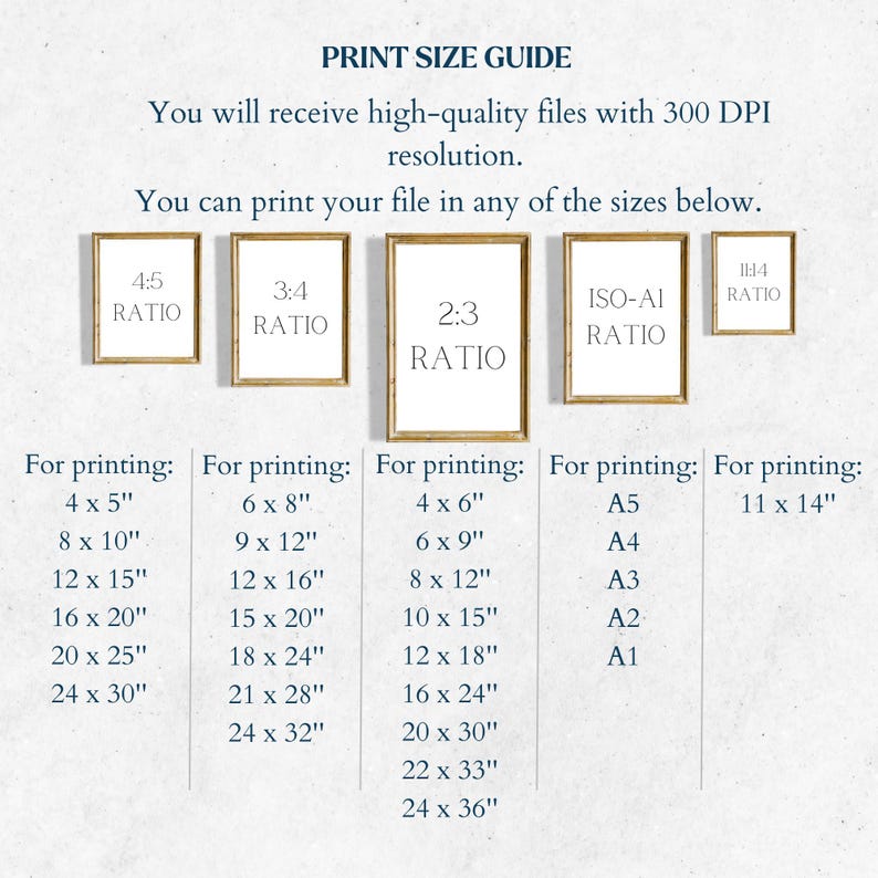 May include: Print size guide showing aspect ratios and print dimensions. Includes sizes such as 4x5 inches, 8x10 inches, and 11x14 inches, plus A-series sizes. The text indicates high-quality files with 300 DPI resolution for printing.