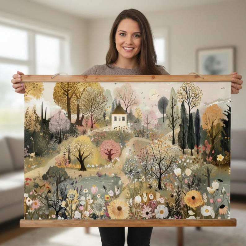 May include: A landscape art print featuring a serene garden scene with a small white house, trees, and flowers. The artwork is displayed on a wooden scroll frame, showcasing a variety of colors including greens, yellows, and pinks.