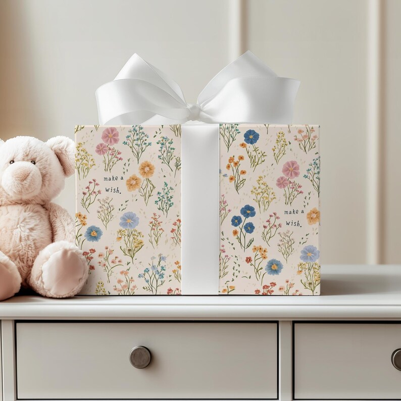 Vintage-inspired floral gift wrap in soft neutral tones, ideal for birthdays, anniversaries, and present packaging.