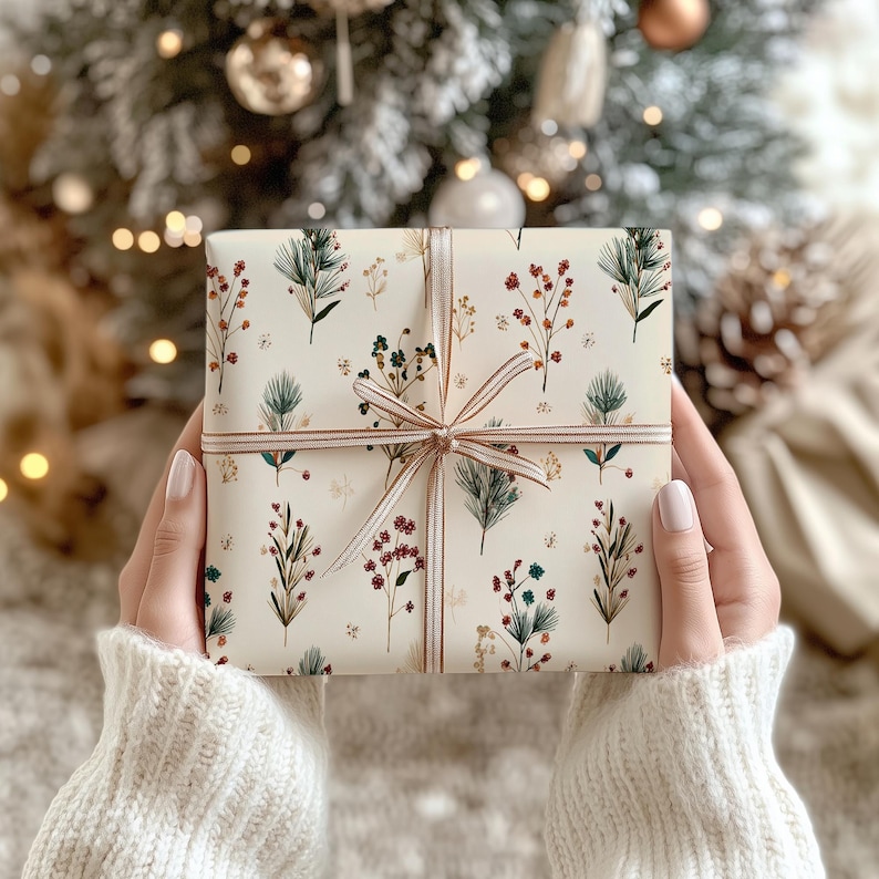 Elegant neutral tone Christmas wrapping paper decorated with botanical branches, ideal for festive packaging.