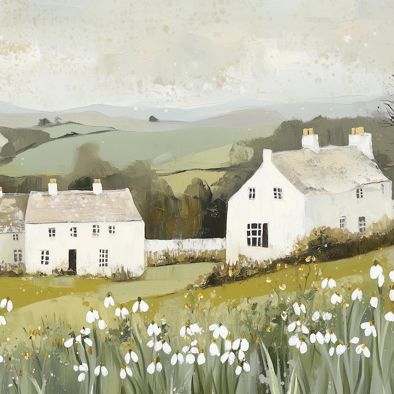 May include: A painting depicting two white houses set against a backdrop of rolling green hills. The houses are surrounded by a field of white flowers.