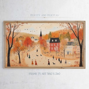 K&ouml;nnte beinhalten: Ein Gem&auml;lde einer kleinen Stadt im Herbst mit einer roten Kirche, H&auml;usern und Menschen, die mit Hunden spazieren gehen. Der Text "FELICITY AND FELICITAS" befindet sich oben auf dem Gem&auml;lde. Der Text "FRAME TV ART 3840 X 2160" befindet sich unten auf dem Gem&auml;lde.