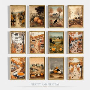 Peut inclure: Une collection de douze impressions d'art encadrées avec une esthétique vintage. L'œuvre représente des scènes automnales avec des citrouilles, des paysages et des paysages urbains dans des tons chauds et terreux. Le texte "FELICITY AND FELICITAS" est en bas.