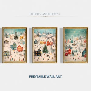 Puede incluir: Tres impresiones de arte de pared imprimibles que presentan una escena invernal de un pueblo pequeño con casas, árboles y personas. Las impresiones están en un marco dorado y tienen una estética vintage.