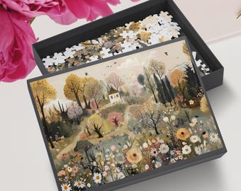 Serene Garden Puzzle Floral Art Jigsaw Whimsical Flower Meadow Boho Aesthetic Cottage Puzzle Family Game Night In Activity Leisure Time Game