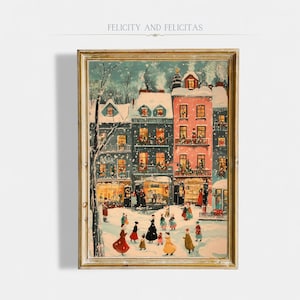 Utskrivbar färgglad väggkonst med julstad, retro vinterhelgkonst, Hej december-tryck, juldekoration i bondgård, digital nedladdning
