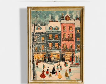 Printable Colorful Christmas Town Wall Art, Retro Winter Holiday Art, Hello December Print, Christmas Farmhouse Decor, Digital Download