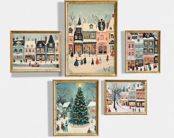 Printable Retro Christmas Wall Art Set of 5 Cozy Winter Holiday Art Set Cute Christmas Decor December Art Digital Download