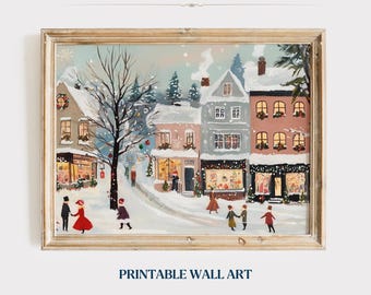Vintage Weihnachtsdorf Print: Verschneite Winterferien Dekor (Digitaler Download)