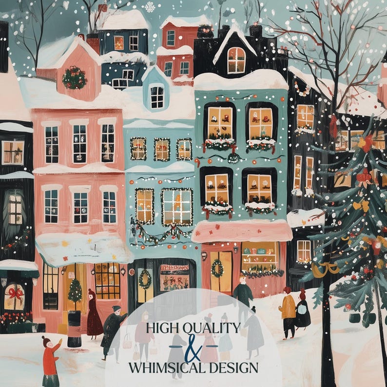 K&ouml;nnte beinhalten: Eine skurrile Illustration einer schneebedeckten Dorflandschaft mit farbenfrohen Geb&auml;uden, die mit Weihnachtsbeleuchtung und Kr&auml;nzen geschm&uuml;ckt sind. Das Bild enth&auml;lt den Text "HIGH QUALITY & WHIMSICAL DESIGN". Menschen gehen im Schnee.