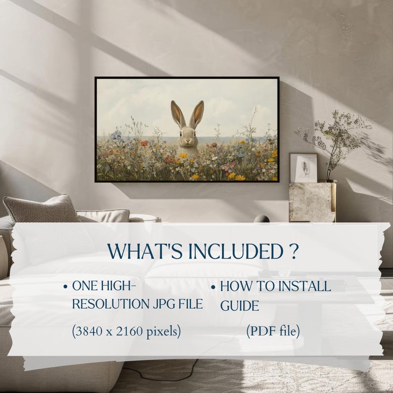 K&ouml;nnte beinhalten: Ein digitaler Download eines hochaufl&ouml;senden Bildes mit einem wei&szlig;en Kaninchen, das aus einem Feld voller Wildblumen schaut. Das Bild ist 3840 x 2160 Pixel gro&szlig; und enth&auml;lt eine PDF-Anleitung zur Installation des Bildes.