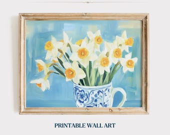 春の水仙のプリント可能な壁アート、春の花の絵画、春の花のホームデコレーション、ヴィンテージの春の花の絵画、デジタルダウンロード