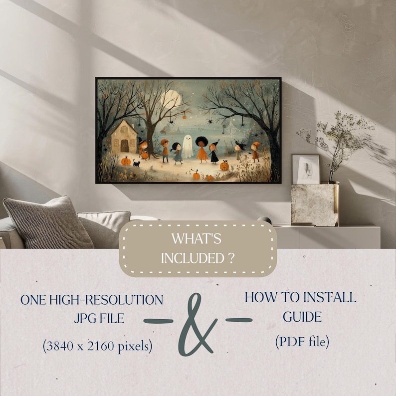 May include: A framed Halloween-themed art print. The artwork depicts children in costumes, pumpkins, and a haunted house under a full moon. The print includes the text "WHAT'S INCLUDED?" and details about the included JPG file and installation guide.