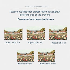 May include: Five different aspect ratio crops of a painting depicting a small town with houses and a field of flowers. The painting is in a soft, muted color palette with shades of blue, green, pink, and white.