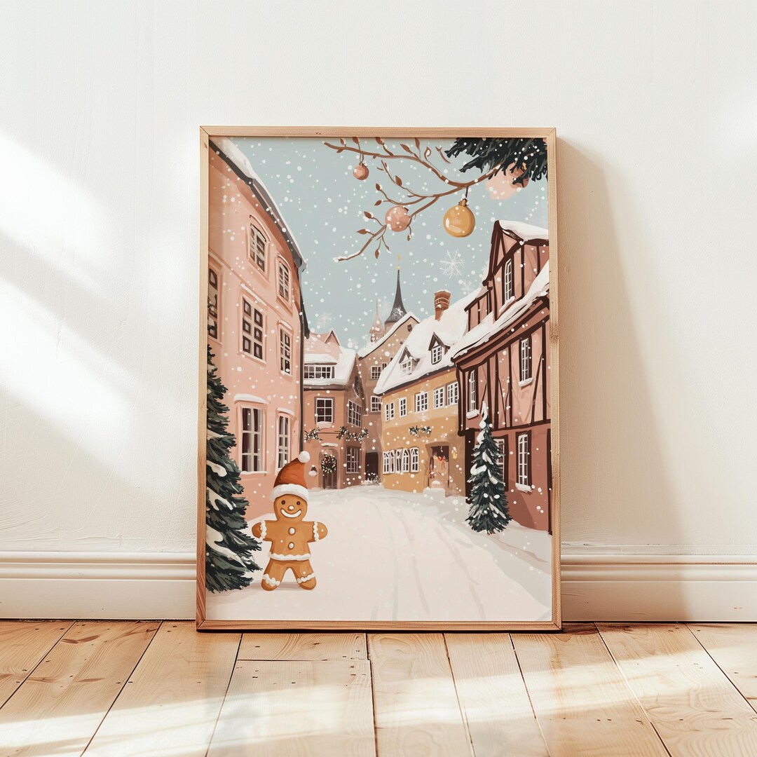 Gingerbread Man Printable Christmas Wall Art Whimsical Winter Cityscape ...