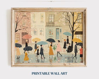 Pastel Umbrella Printable Wall Art Cute Spring Rain Artwork Beige Farmhouse Decor Neutral Spring Village Canva Digital Download