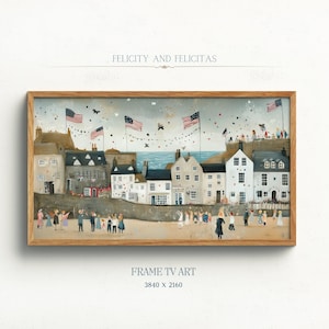 May include: A watercolor painting of a seaside town with colorful houses and American flags. People are gathered on the beach, celebrating with confetti and streamers. The painting is titled "Felicity and Felicitas".
