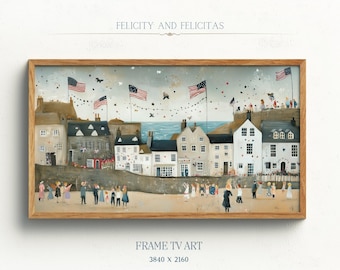 May include: A watercolor painting of a seaside town with colorful houses and American flags. People are gathered on the beach, celebrating with confetti and streamers. The painting is titled "Felicity and Felicitas".