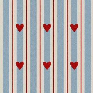 May include: A repeating pattern featuring vertical stripes in light blue, white, and red. Red hearts are evenly spaced along the blue stripes. The background has a subtle textured appearance, creating a visually appealing design.