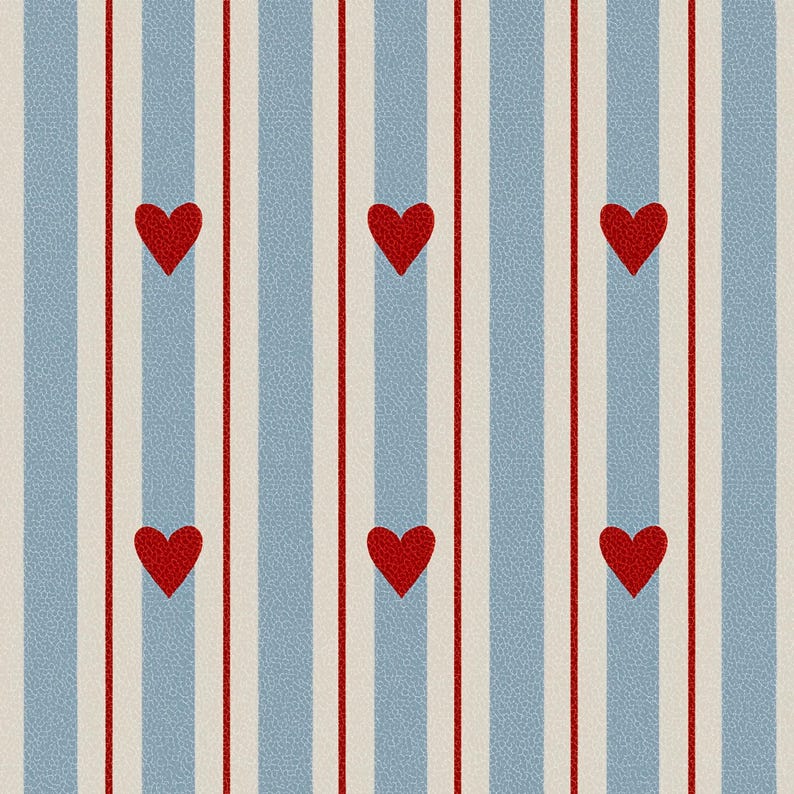 May include: A repeating pattern featuring vertical stripes in light blue, white, and red. Red hearts are evenly spaced along the blue stripes. The background has a subtle textured appearance, creating a visually appealing design.