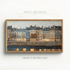 May include: A painting depicting a row of buildings with illuminated windows at night. The buildings are reflected in the water in front of them. The painting is framed in a wooden frame. "FELICITY AND FELICITAS" is written at the top of the painting. "FRAME TV ART 3840 X 2160" is written at the bottom of the painting.
