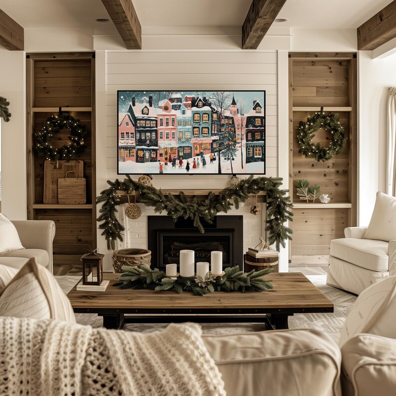 Digital download of whimsical retro winter village painting for Samsung Frame TV, ideal for holiday decoration.