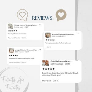 May include: A digital display of customer reviews featuring four white cards with product titles, five-star ratings, and customer comments. The text includes REVIEWS, Felicity And Felicitas, and various product names like Vintage Inspired Wrapping Paper.