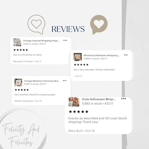 May include: Image showing customer reviews for wrapping paper products. The reviews are in white speech bubbles against a light background. The word "REVIEWS" is at the top, with the shop name "Felicity And Felicitas" at the bottom.