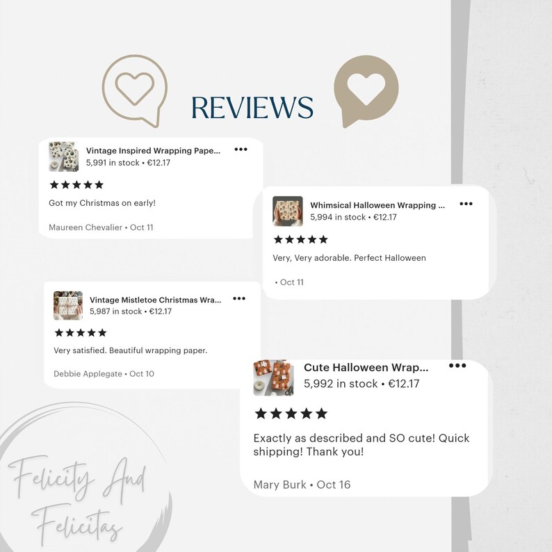 May include: Image showing customer reviews for wrapping paper products. The reviews are in white speech bubbles against a light background. The word "REVIEWS" is at the top, with the shop name "Felicity And Felicitas" at the bottom.