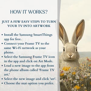 K&ouml;nnte beinhalten: So verwandeln Sie Ihren Samsung Frame TV in ein Kunstwerk. Eine Schritt-f&uuml;r-Schritt-Anleitung mit Anweisungen zum Installieren der Samsung SmartThings App, Verbinden Ihres Frame TVs mit Ihrem Wi-Fi-Netzwerk, Ausw&auml;hlen des Samsung Frame TV-Symbols in der App, Laden eines neuen Bildes in die App, Ausw&auml;hlen des neuen Bildes und Ausw&auml;hlen der gew&uuml;nschten Passepartout-Option.