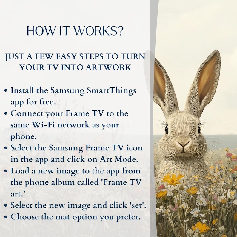 K&ouml;nnte beinhalten: So verwandeln Sie Ihren Samsung Frame TV in ein Kunstwerk. Eine Schritt-f&uuml;r-Schritt-Anleitung mit Anweisungen zum Installieren der Samsung SmartThings App, Verbinden Ihres Frame TVs mit Ihrem Wi-Fi-Netzwerk, Ausw&auml;hlen des Samsung Frame TV-Symbols in der App, Laden eines neuen Bildes in die App, Ausw&auml;hlen des neuen Bildes und Ausw&auml;hlen der gew&uuml;nschten Passepartout-Option.