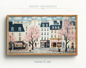 Spring Cityscape Samsung Frame TV Art Pink Cherry Blossom TV Art Spring Floral Home Decor Spring Village TV Decor Digital Download