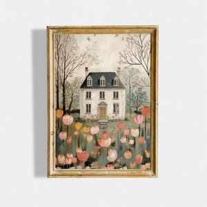 May include: A framed art print of a white house with a black roof and yellow door, surrounded by a field of colorful tulips. The artwork has a gold frame and a soft, pastel color palette, evoking a serene, springtime scene.