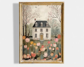 Spring Cottage Printable Wall Art Tulip Blossom Painting Spring Home Decor Cute Whimsy Landscape Print Digital Download