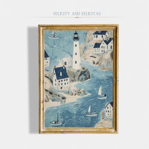 Lighthouse Village Printable Wall Art Maritime Painting Neutral Summer Farmhouse Decor Whimsical Coastal Canvas Digital Download