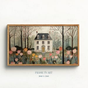 May include: A framed digital art print featuring a white house with a black roof and yellow door, surrounded by colorful tulips and trees. The artwork is set against a soft, muted background, with the text "FRAME TV ART" and dimensions at the bottom.
